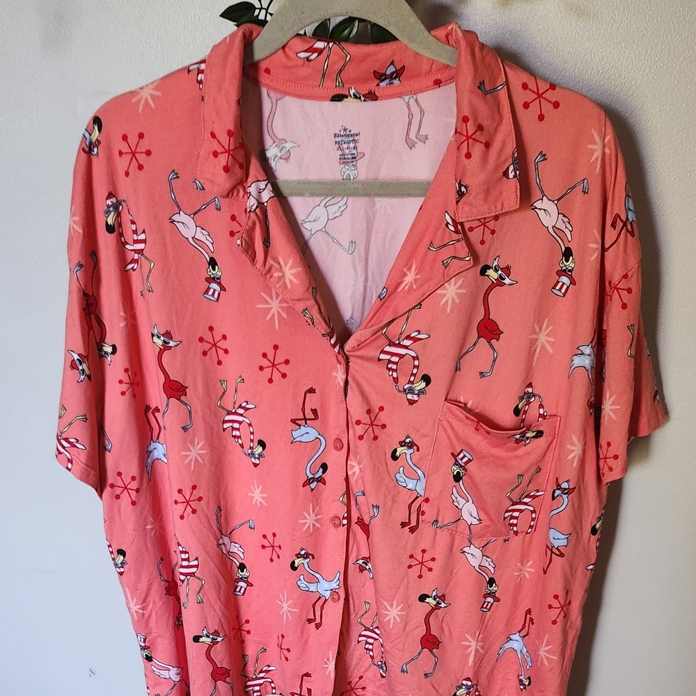 Women's Coral Patriotic Flamingo-Print Short Sleeve Sleep Shirt